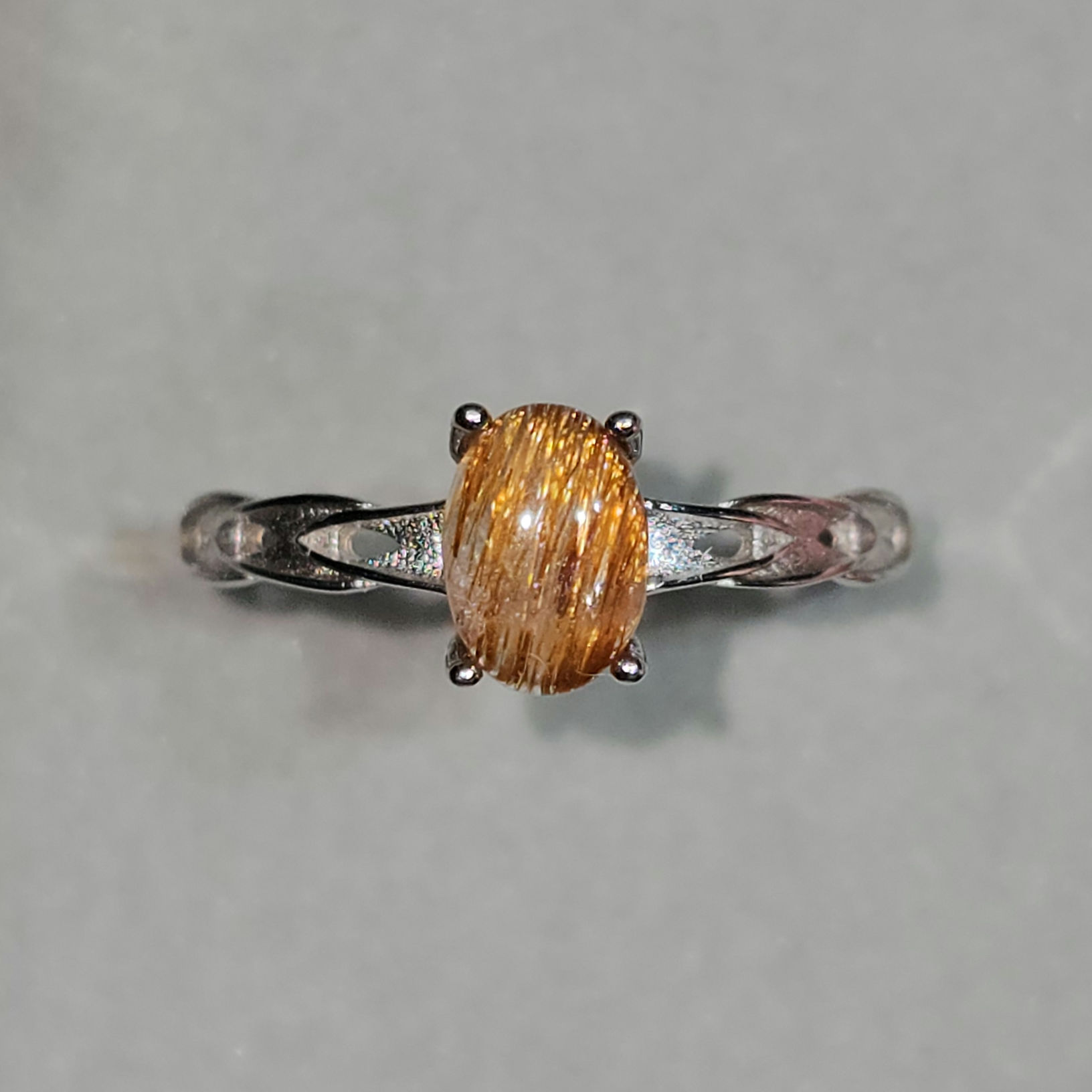 .925 Sterling Silver Golden Rutile Quartz / Rutilated Quartz Adjustable Ring
