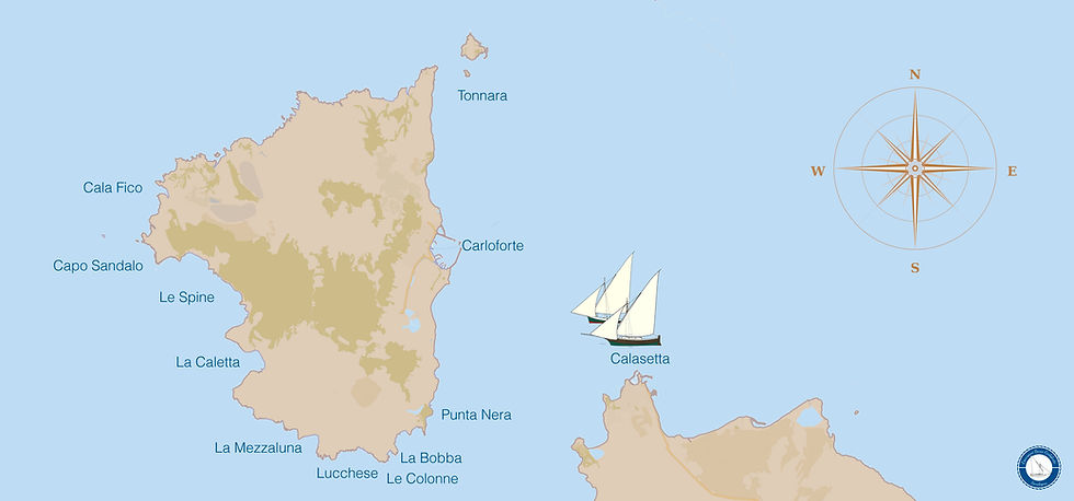 Carte de la balade en bateau dans le sud de la Sardaigne : journée entière à Carloforte.