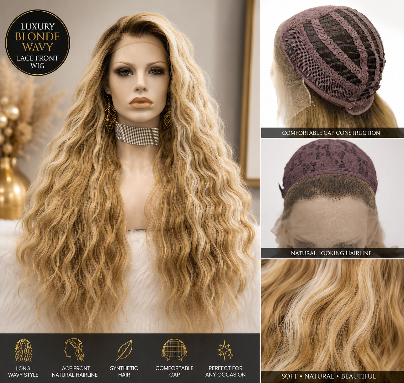 Luxury Blonde Wavy Synthetic Lace Front Wig