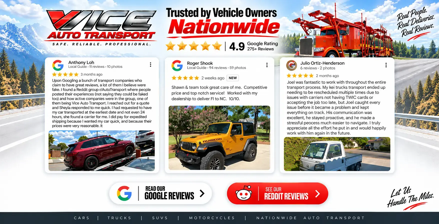 Vice Auto Transport customer reviews for nationwide car shipping and auto transport