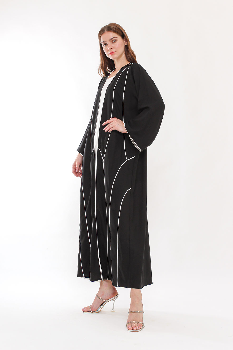Thumbnail: White Stripe Pattern Open Abaya, Black 6 pcs