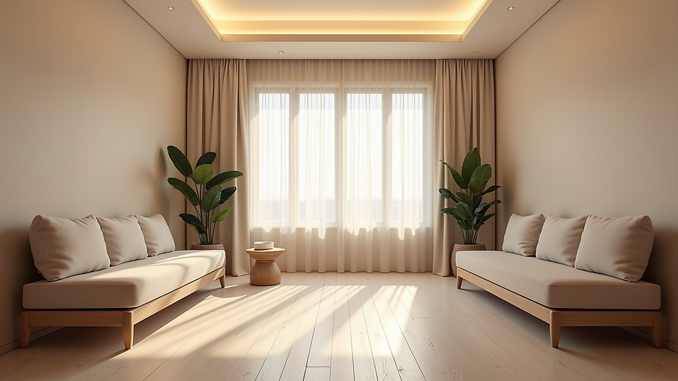 Eye-level view of a calm therapy room with soft lighting and comfortable seating