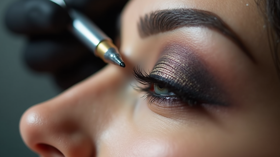 Close-up view of cosmetic tattoo pigment being applied to eyebrow