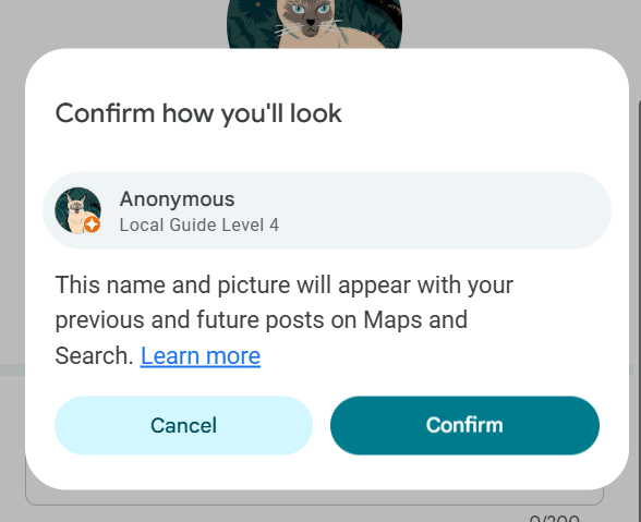 Google Maps profile confirming new display name and image
