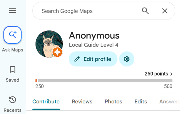 Google Maps profile showing as anonymous
