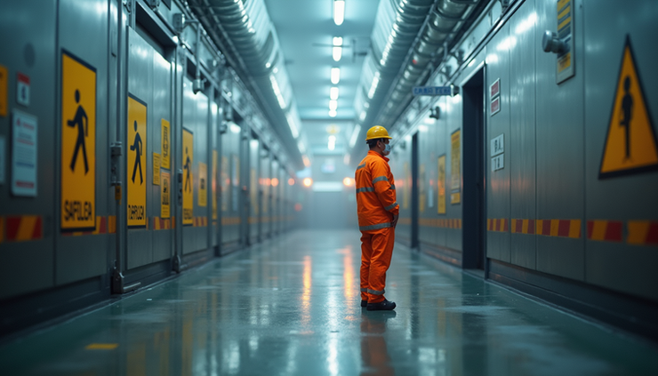 Eye-level view of a petrochemical plant with safety signs and protective equipment
