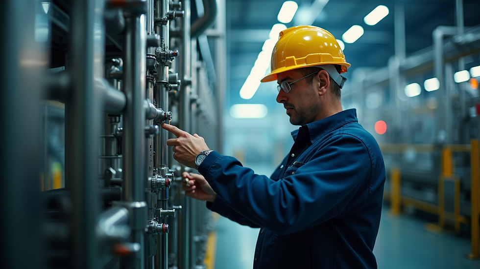 Eye-level view of industrial worker inspecting chemical plant equipment