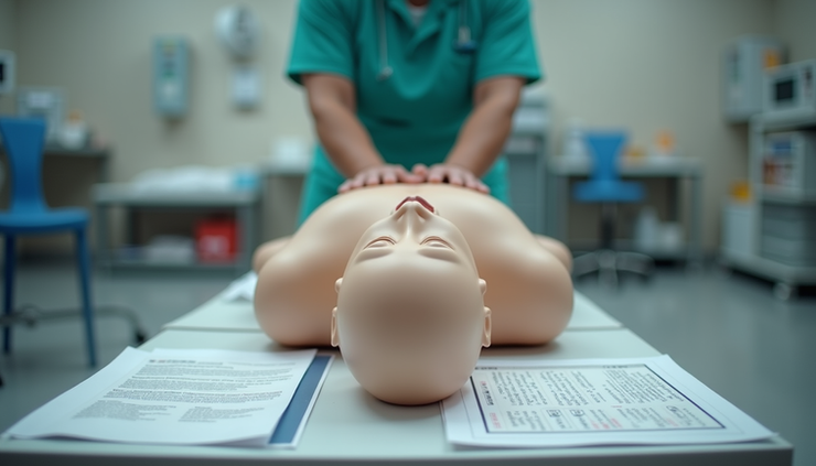 Eye-level view of a CPR training mannequin on a table with instructional materials