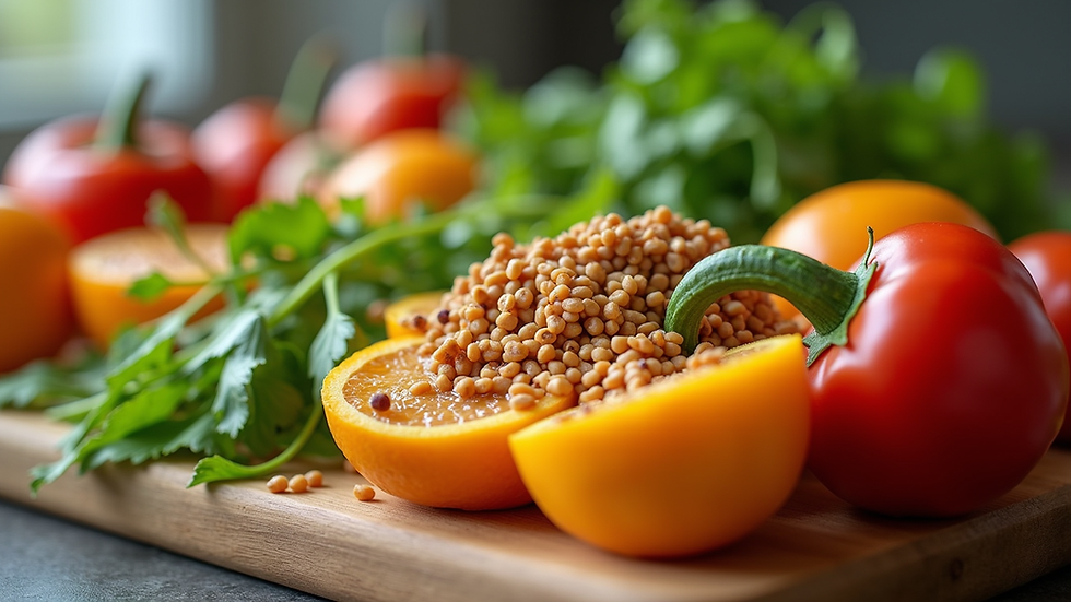 Eye-level view of a healthy meal prep with colorful vegetables and grains