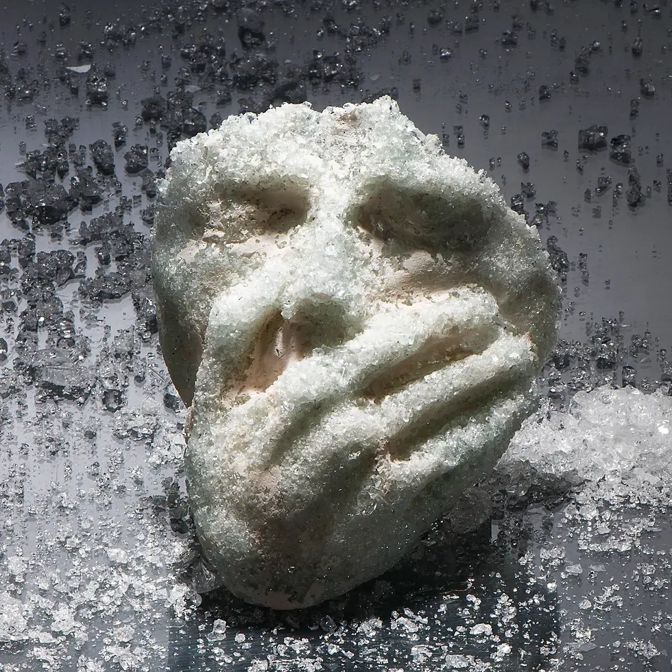 פסל אמנותי של פנים מכוסות ביד, עשוי טקסטורה של זכוכית מרוסקת על רקע כהה