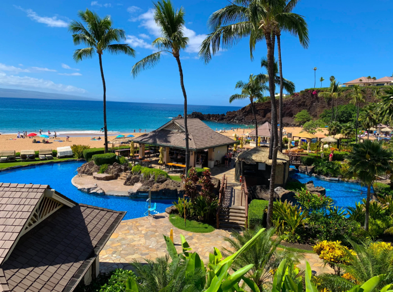 Tropical beachfront resort with palm trees, blue pools, sandy beach, ocean and huts under a bright sunny sky.