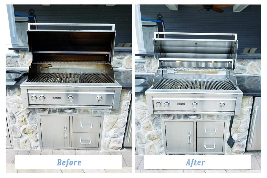 Split image of a gas grill in an outdoor stone setting, showing "Before" on left, dirty, and "After" on right, clean and shiny.