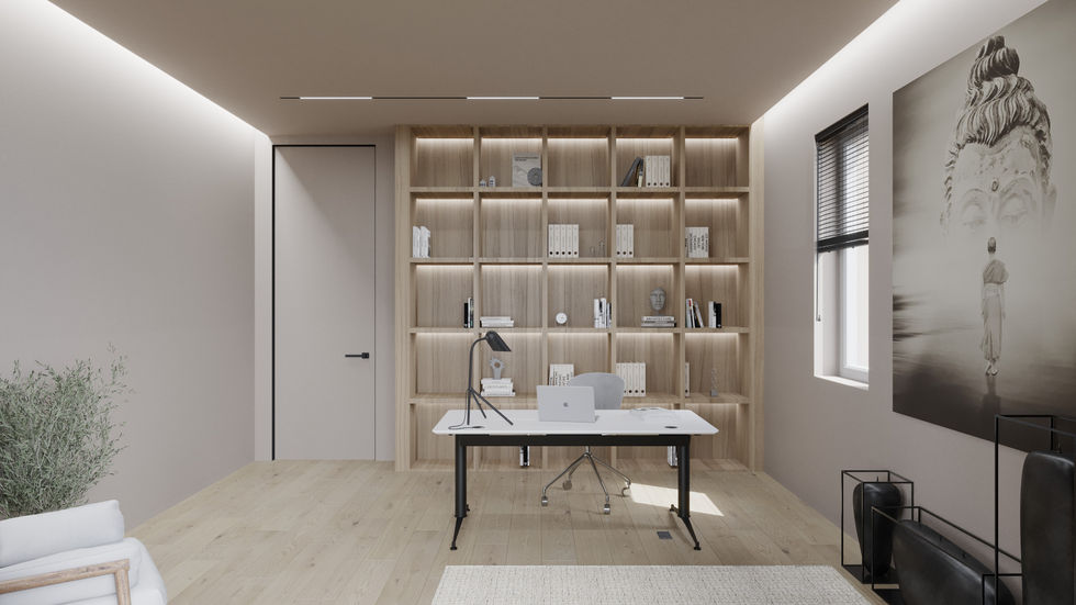 Japandi home office with wood bookshelves, minimalist desk, beige walls, and soft ceiling lighting