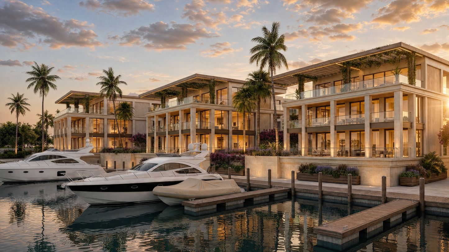 Luxury Ocean Reef Club waterfront residences with private marina docks, yachts, glass balconies, palm trees, and warm sunset lighting.