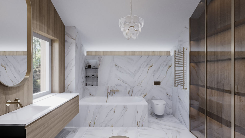 Master bathroom with white marble, wood accents, freestanding bathtub, glass shower, and soft modern lighting