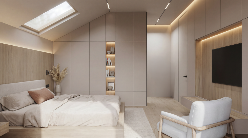 Japandi bedroom interior with low bed, wood accent wall, TV panel, wardrobe, and soft beige colors