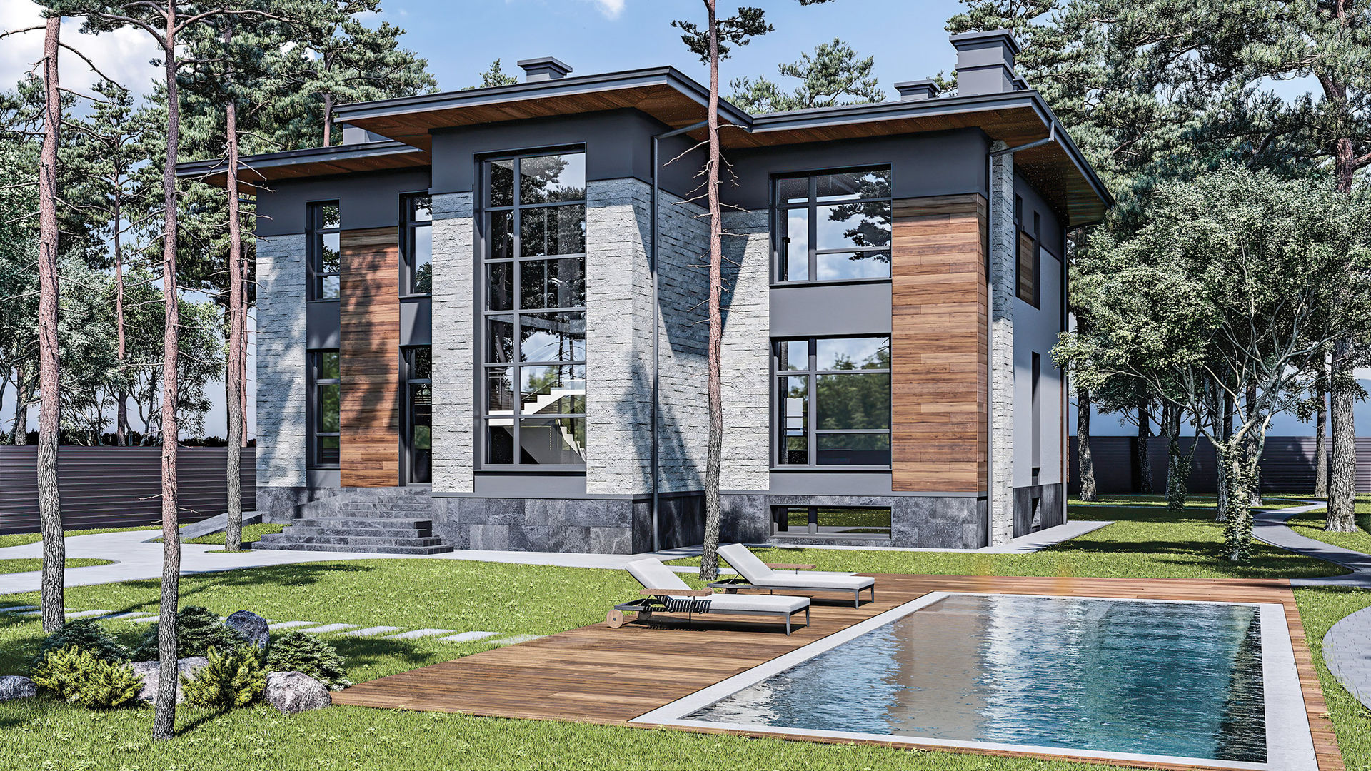 Architectural rendering of modern mansion with pool
