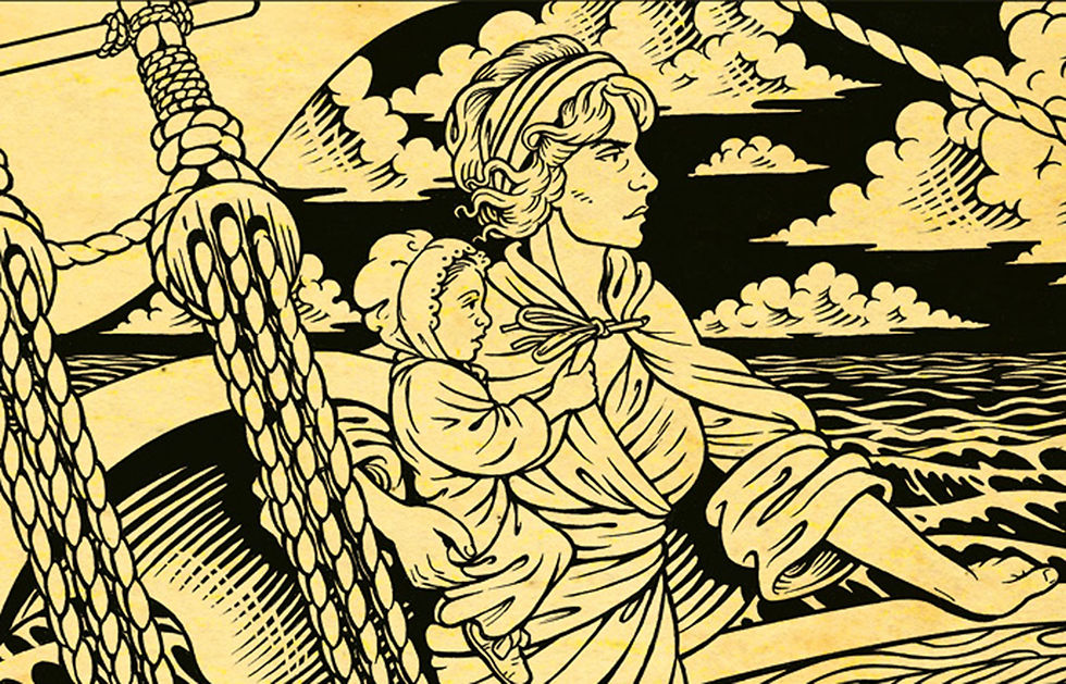Illustration of Mary Wollstonecraft on a boat with a child in her arms.