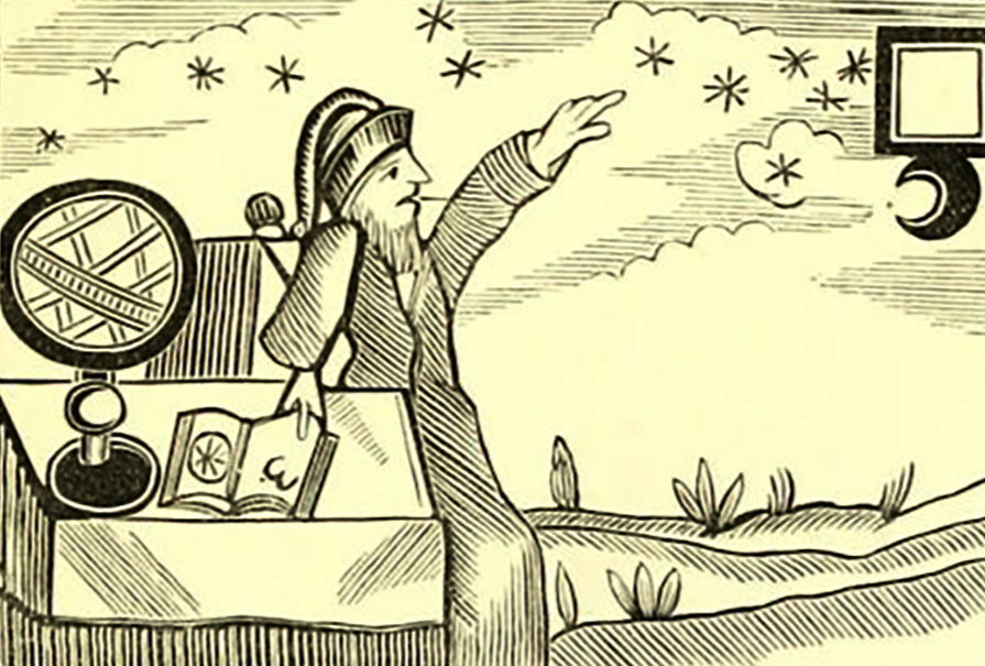 woodblock print of a man studying the stars and moon