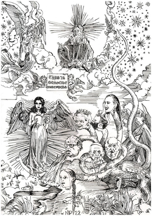 The Apocalyptic Sun Woman (after Durer) 2022 Pen and ink on paper 30x42cm