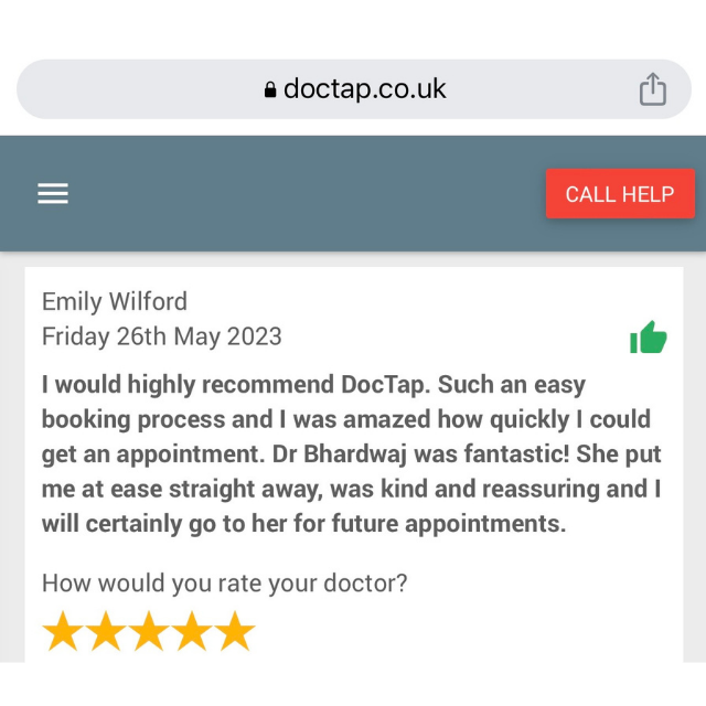 Patient testimonial image about feeling reassured during a private GP consultation