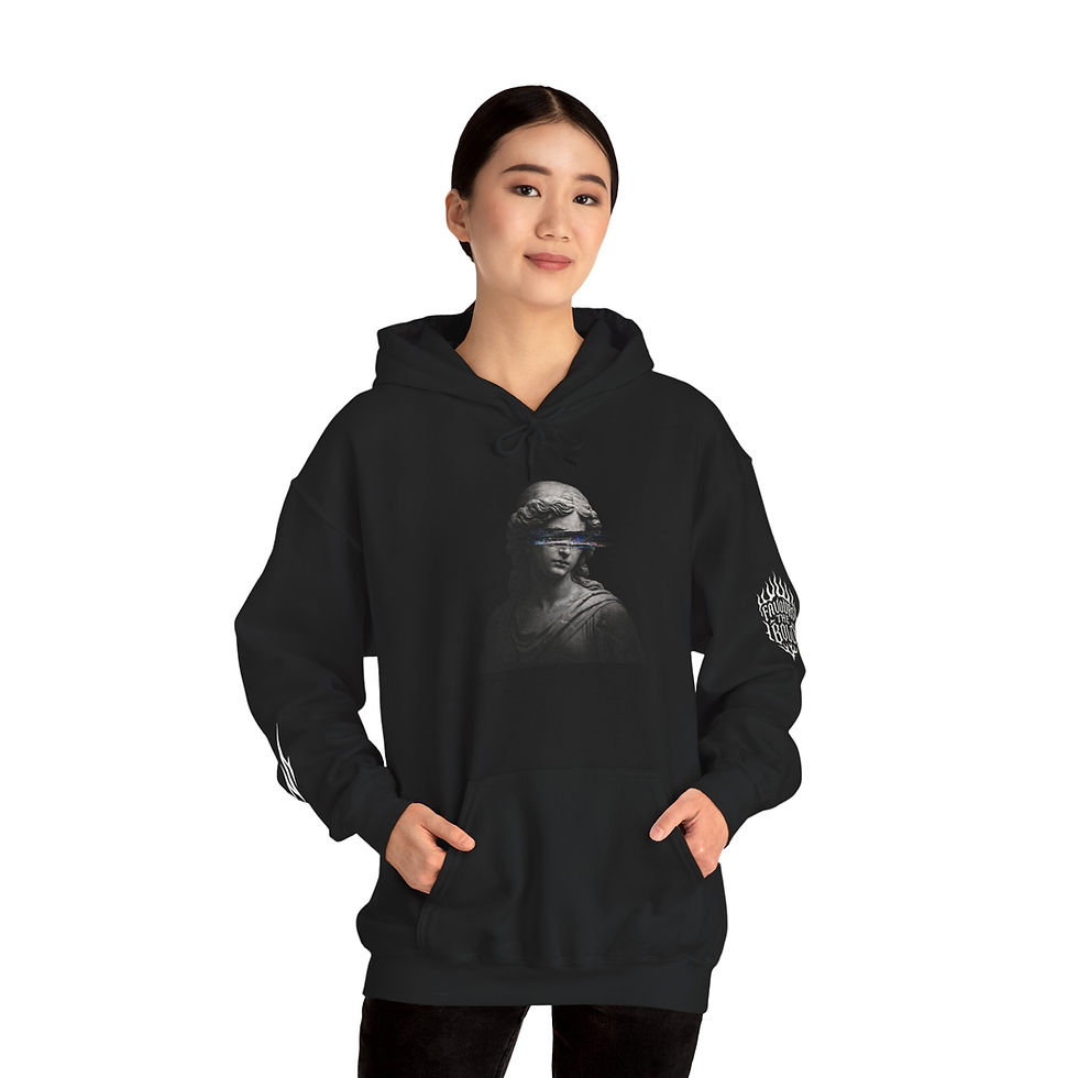 Thumbnail: Gothic Justice Hooded Sweatshirt – Blindfolded Lady Graphic & Crest Back