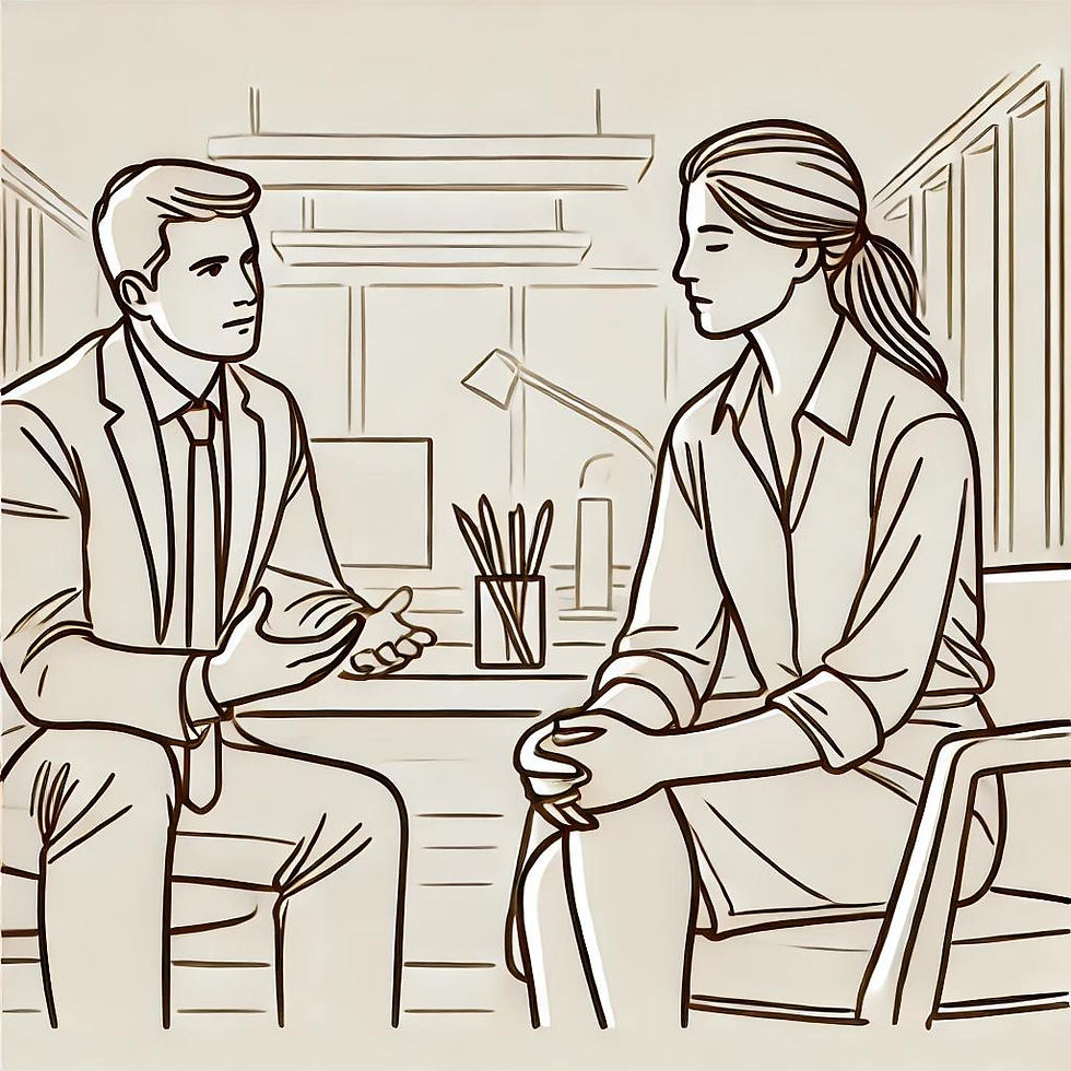 A man and a woman in a business setting talking