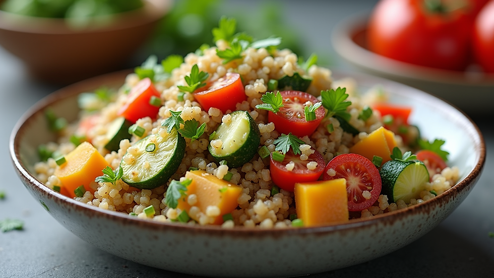 Eye-level view of a colorful quinoa salad with fresh vegetables