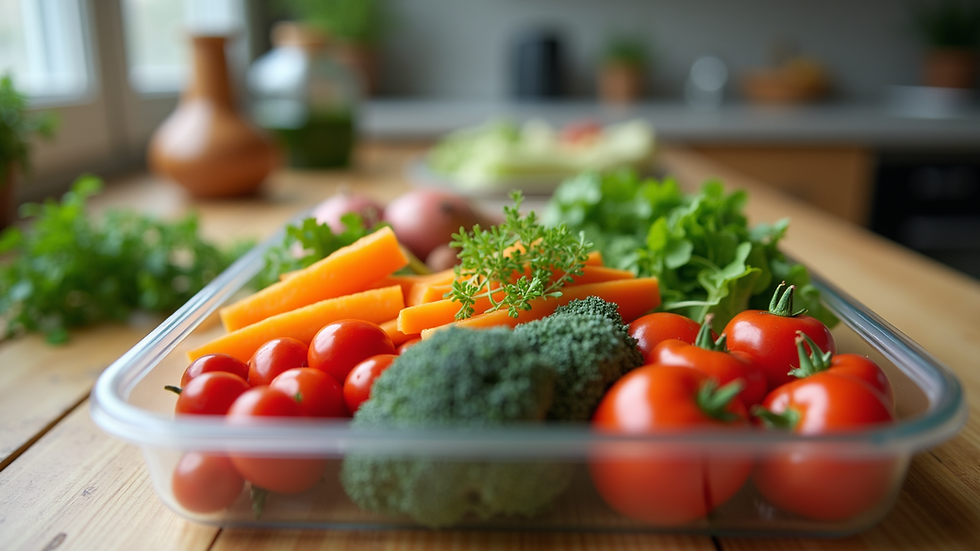 Eye-level view of a colorful meal prep container filled with healthy ingredients