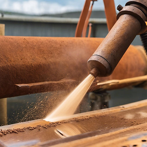 A high-pressure waterjet blasting off rust