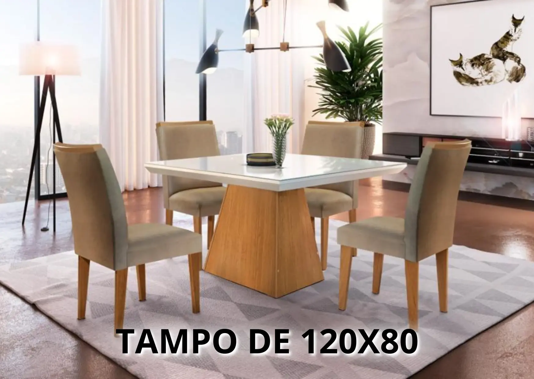 Mesa de Jantar Luna Imbuia Tampo MDF Vidro Off 120×80 4 Cadeiras Lunara Veludo C