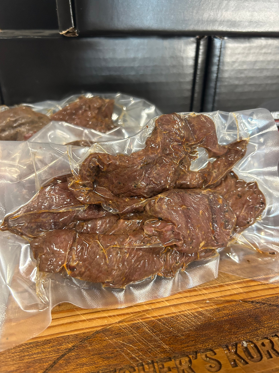 Wrapped and sealed Texas beef jerky 5 oz pack from Butcher’s Korner in Nederland TX