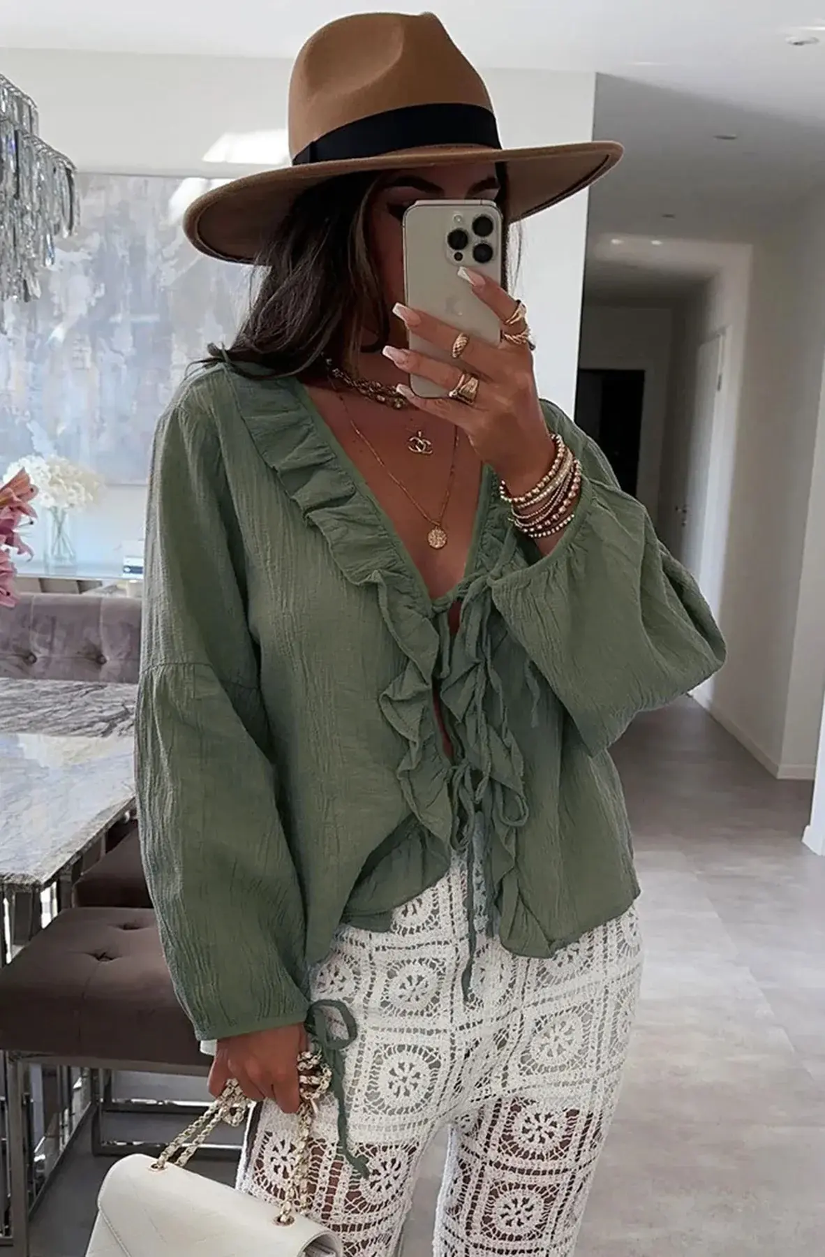 Frill Tie Up Blouse in Khaki