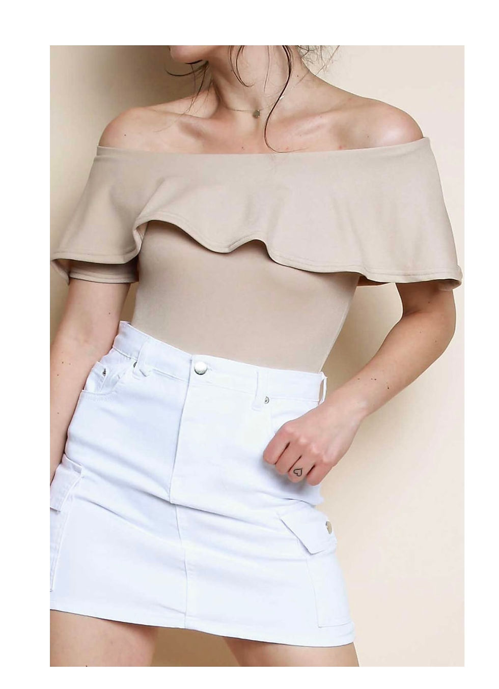 Bardot Frill Bodysuit in Stone