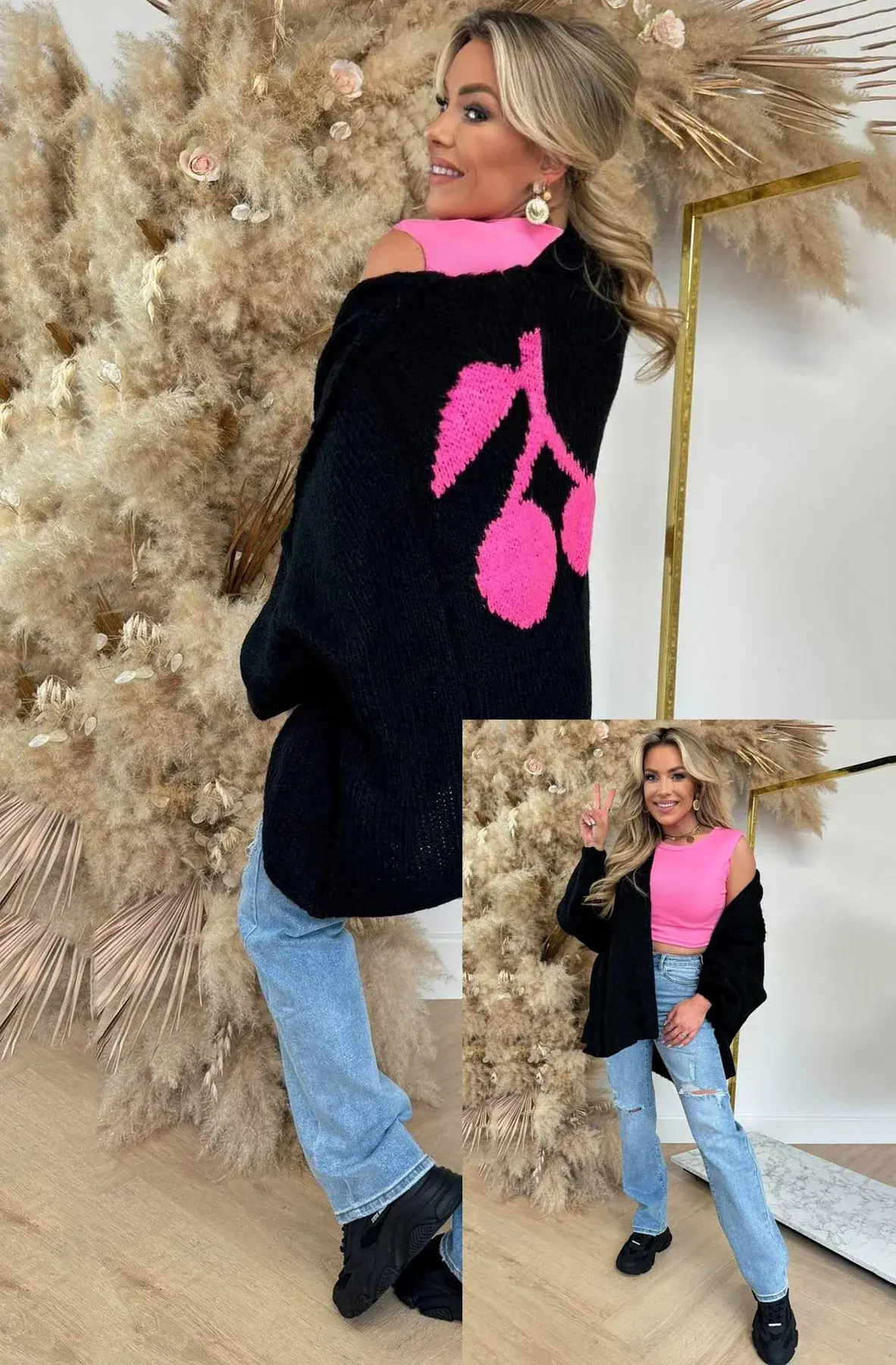 Cherry Longline Knitted Cardigan in Black