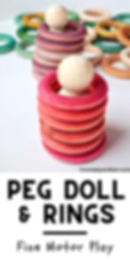 Wooden peg dolls with colorful rings stacked around them on a white surface. Text: "PEG DOLL & RINGS Fine Motor Play".