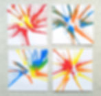 Four colorful abstract paintings with splatter patterns in red, blue, yellow, and green on white paper.