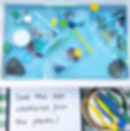 Toy sea creatures and plastic items in a water-filled tray, with a sign saying "Save the sea creatures from the plastic!"
