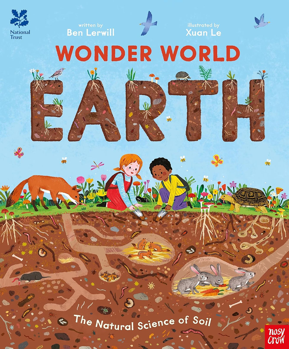 Children explore soil layers with animals underground. Bright colors and “Wonder World EARTH” text on a blue background.