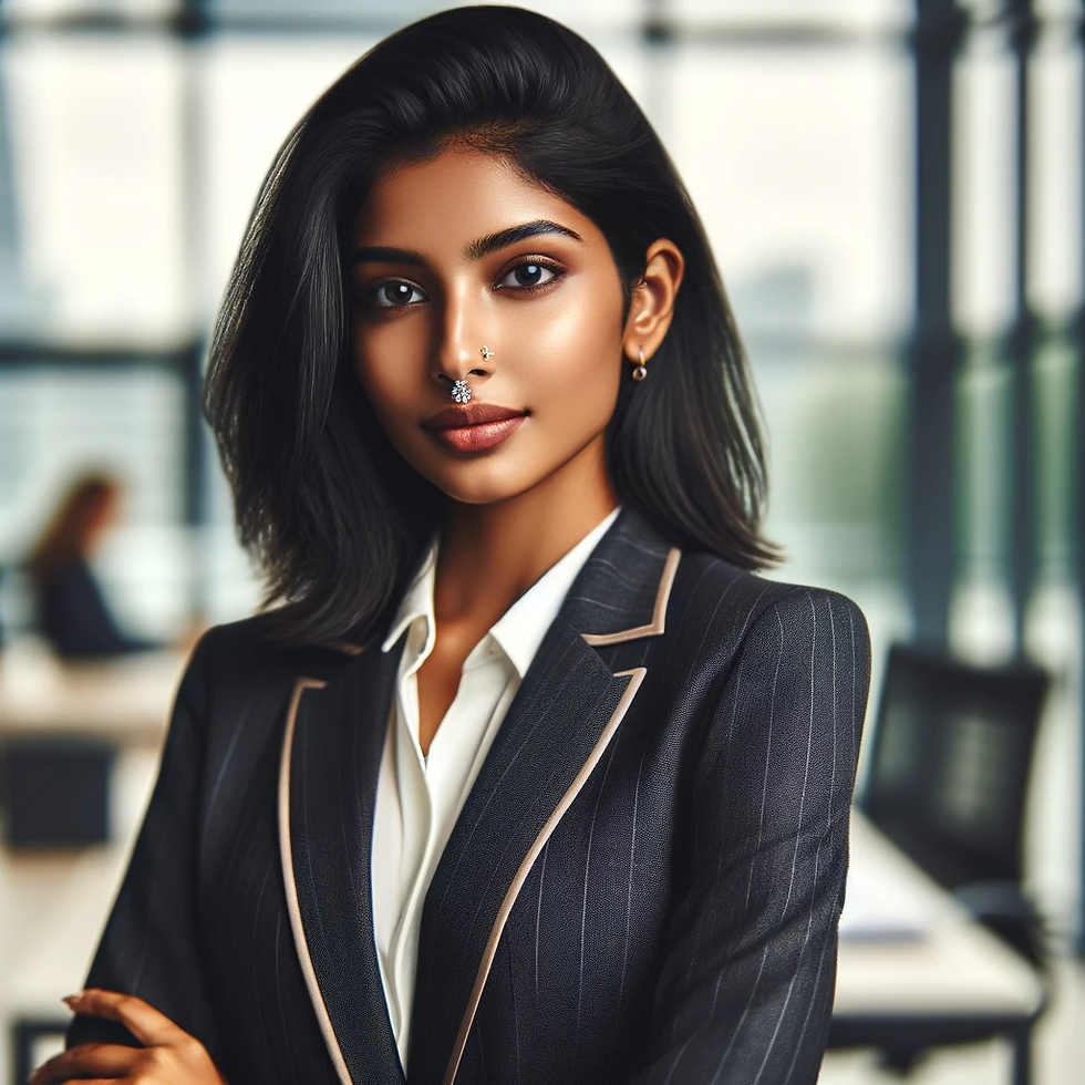 A contemporary Indian woman in her late 20s, dressed in a stylish business suit, confidently stands in a modern office setting. She showcases an elegant diamond nose pin, symbolizing a blend of traditional elegance and modern professionalism, aimed at young, ambitious women.