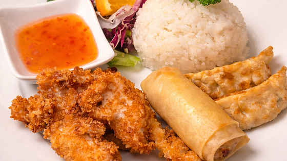L5. 2 frityrstekt kylling, 1 vårrull, 2 gyoza + ris