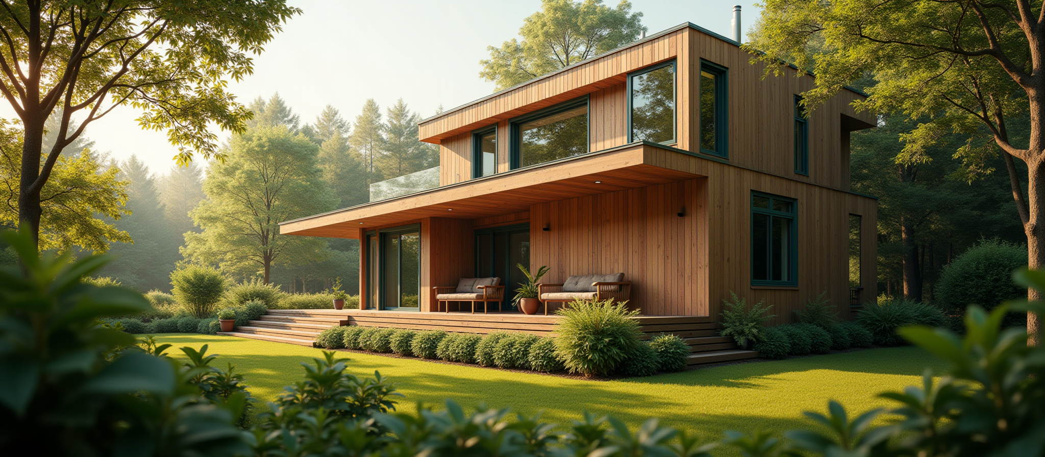 Modern wooden house with large windows, covered patio, lush green lawn.