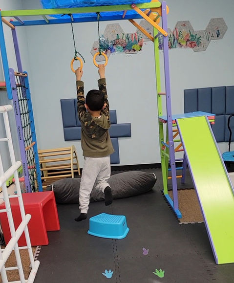 a child is hanging from gymnastic ring in an indoor play area.