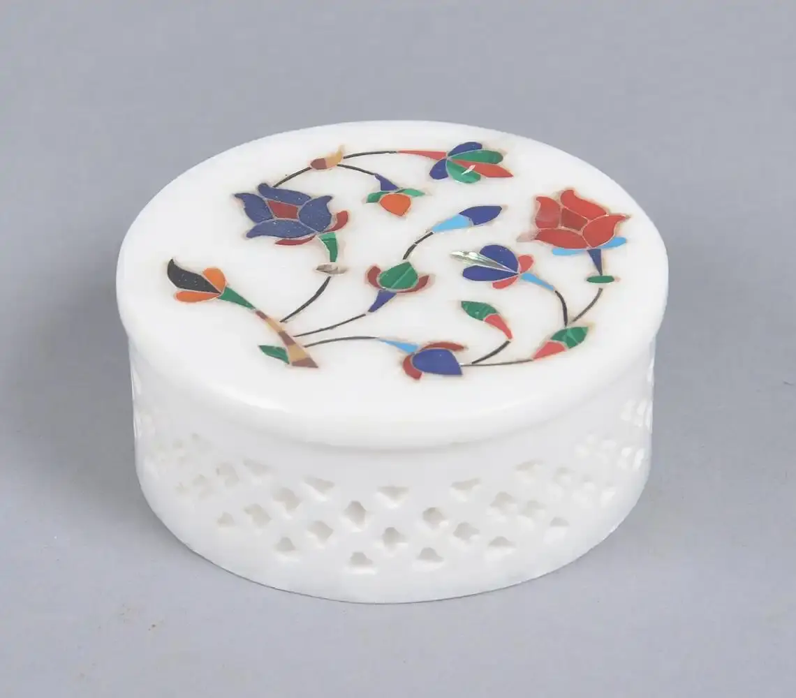 Lattice Cut Marble Round Jewelry Box (Semi-precious stones inlaid) - Floral