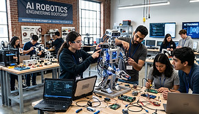 Students building and testing a humanoid robot in the AI Robotics Engineering Bootcamp lab