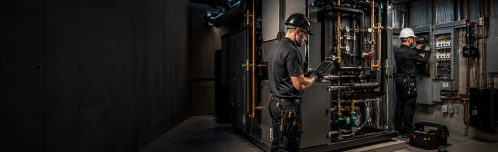 Plumbing, HVAC and electrical technicians inspecting piping, mechanical equipment and control systems in a commercial mechanical room