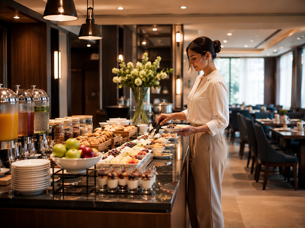 Hotel guest selecting food from a professionally prepared breakfast buffet.