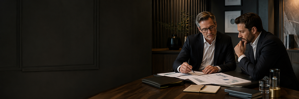 Professional advisor reviewing a strategic report with a client in a private consultation office