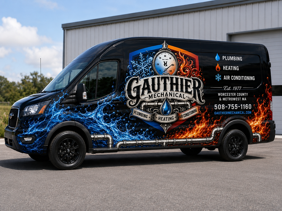 Marketing materials and fleet graphics card showing vehicle wrap design, branded print pieces, signage, and field-ready brand assets.