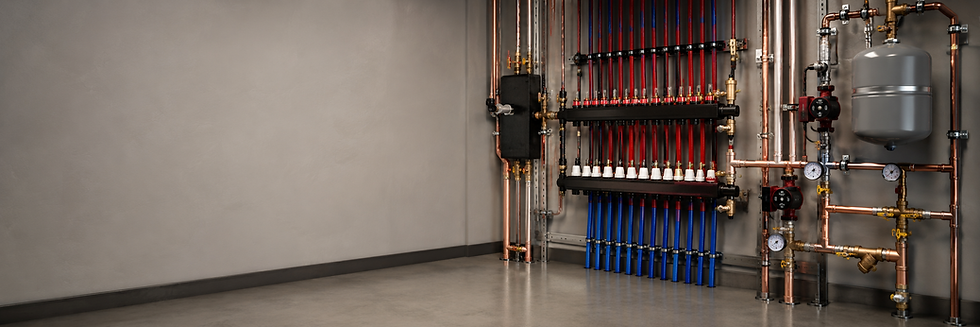 Premium residential mechanical room with organized copper piping, red and blue PEX manifolds, valves, gauges, and hydronic heating components.